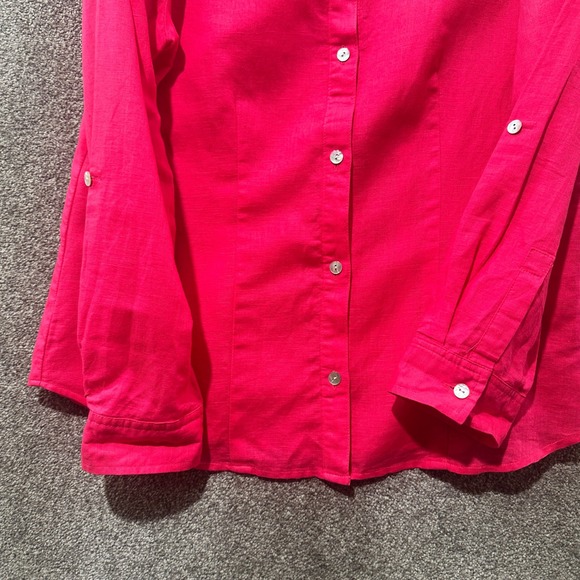 C Le Daniel Button Up Blouse Top Women XS Pink Linen Cotton Roll Tab Long Sleeve - Picture 3 of 13